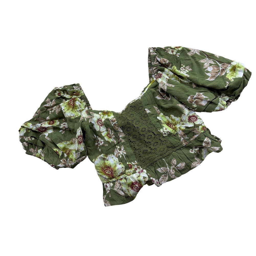 Land of the Free Olive Green Floral Puff Sleeve Lace Inset Crop Top Small